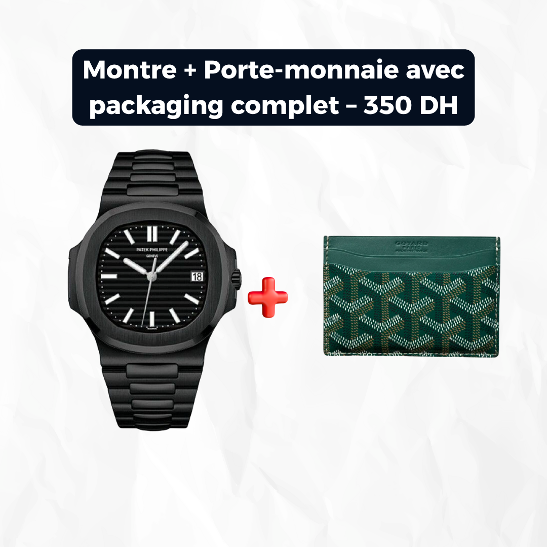 Montre avec packaging complet + Porte-monnaie avec packaging complet – 350 DH